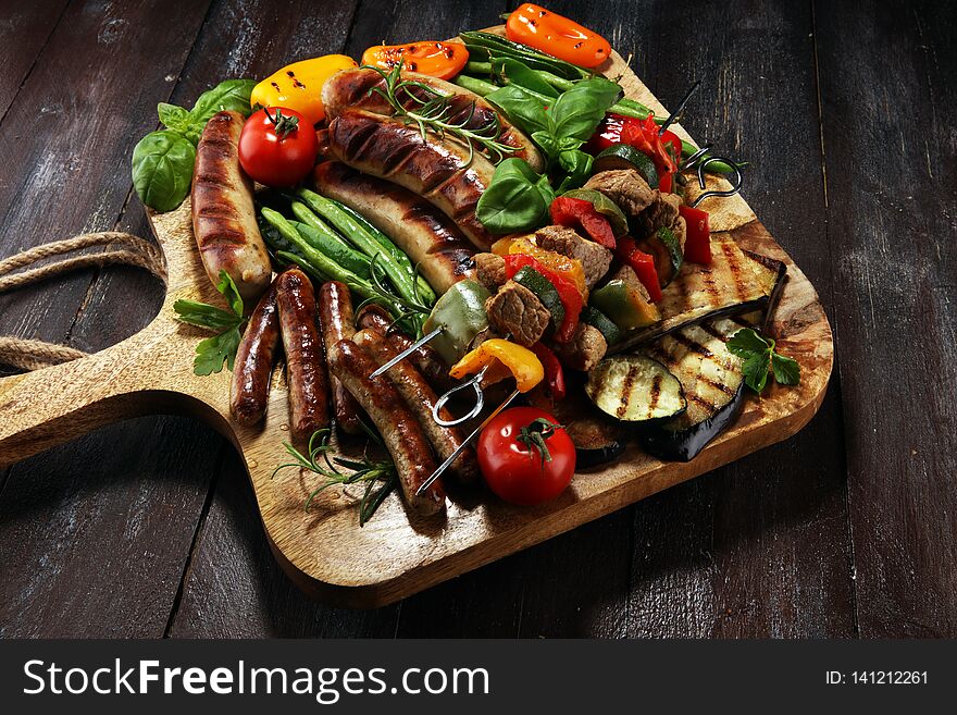 Assorted Delicious Grilled Meat With Vegetable On A Barbecue. Grilled Pork Shish Or Kebab On Skewers With Vegetables . Food