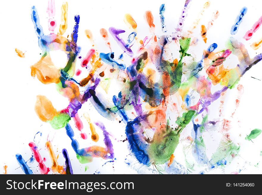 A lot of multicolored hand prints on white background