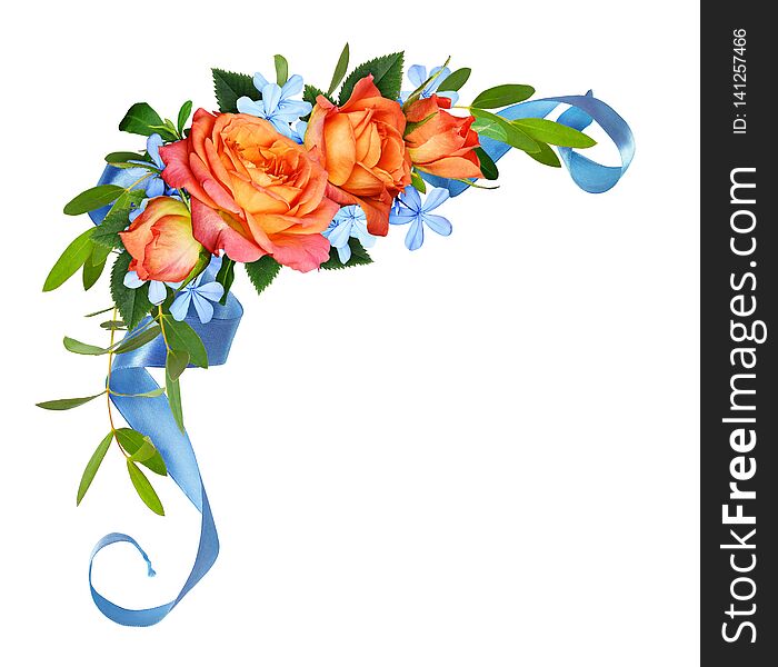 Orange Roses And Blue Small Flowers With Eucalyptus Leaves In A Corner Floral Arrangement With Silk Ribbon