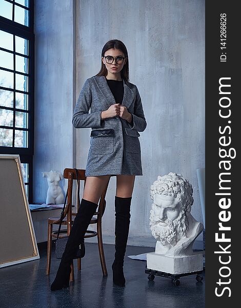 Beautiful Brunette Woman Wear Casual Fashion Style Clothes Pretty Face Casual Clothes Wool Coat Outerwear Grey Color Dress Shoes