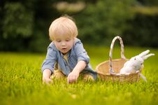 Free Charming Little Boy Hunting For Easter Egg In Spring Park On Easter Day Royalty Free Stock Image - 141275766