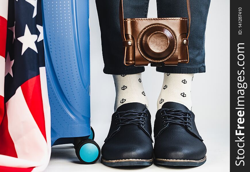 Men`s legs, US Flag and bright socks