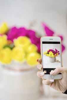 Girl Shoots On Your Smartphone Beautiful Rustic Bouquet In The Friend`s Hands Royalty Free Stock Photo