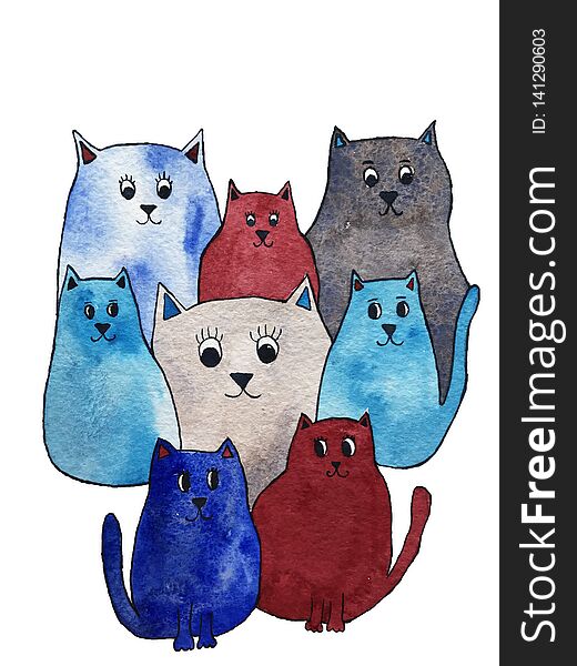 Watercolor illustration of bright cute cats. Cartoon characters can be used for wallpaper, backgrounds, postcard.