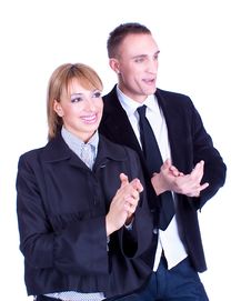 Business Woman And Business Man Clapping Hands Stock Photo