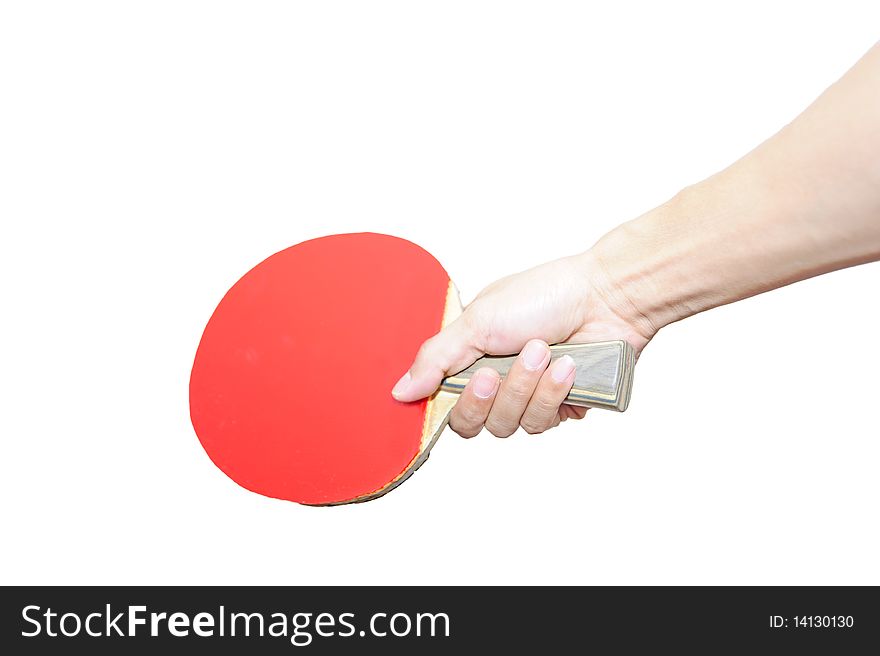 A hand holding table tennis bat , on white