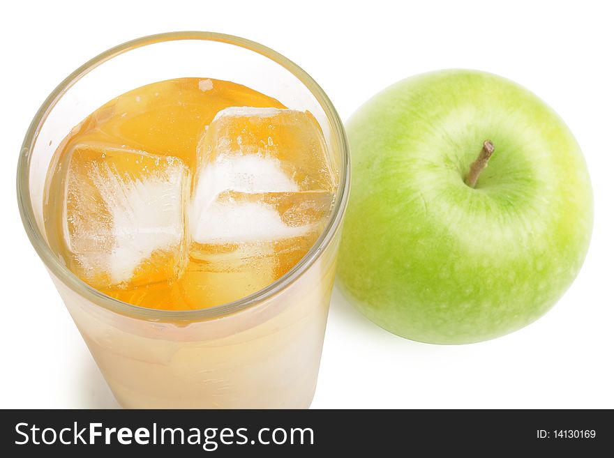 Ripe apple and juice on white background (isolated, clipping path)