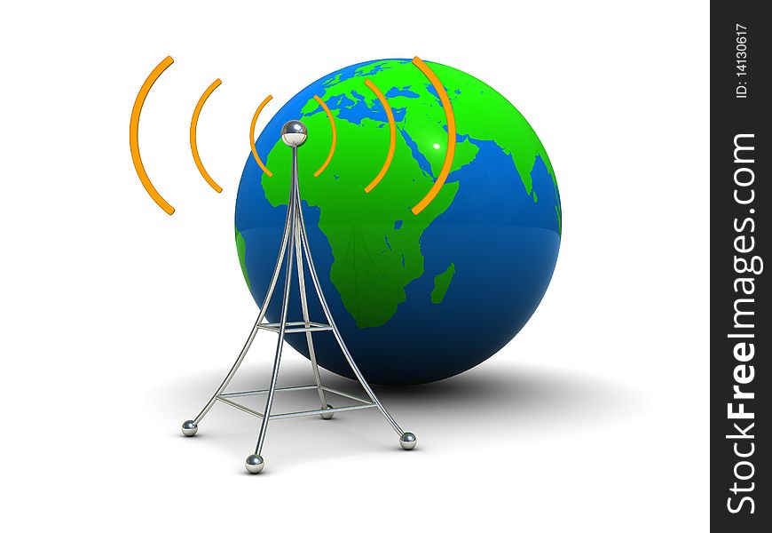 3d illustration of radio antenna symbol with earth globe. 3d illustration of radio antenna symbol with earth globe