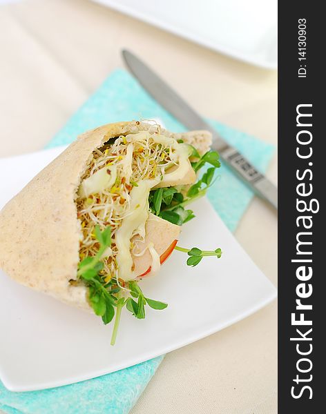 Healthy pocket salad stuffed in organic wholemeal pita bread. Healthy eating, diet and nutrition, and lifestyle concepts. Healthy pocket salad stuffed in organic wholemeal pita bread. Healthy eating, diet and nutrition, and lifestyle concepts.