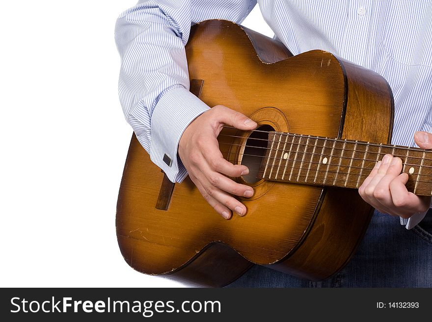 Closeup white man playing guitar