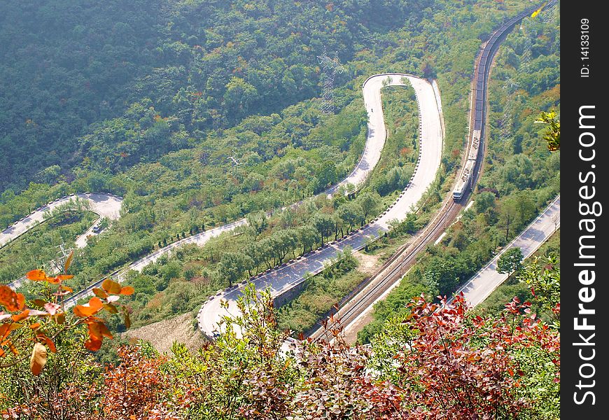 Winding winding mountain road in Shaanxi, China