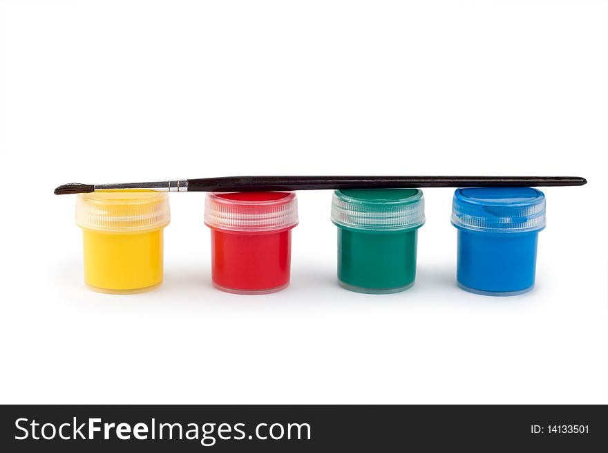 Gouache paint cans and brush isolated on white background