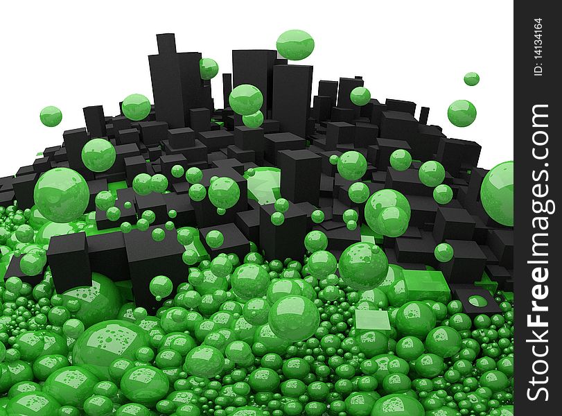 Dark gray boxes and green balls collide with each other on a white background. Dark gray boxes and green balls collide with each other on a white background