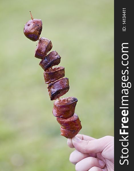 Closeup on grilled sliced sausage on a stick. Closeup on grilled sliced sausage on a stick