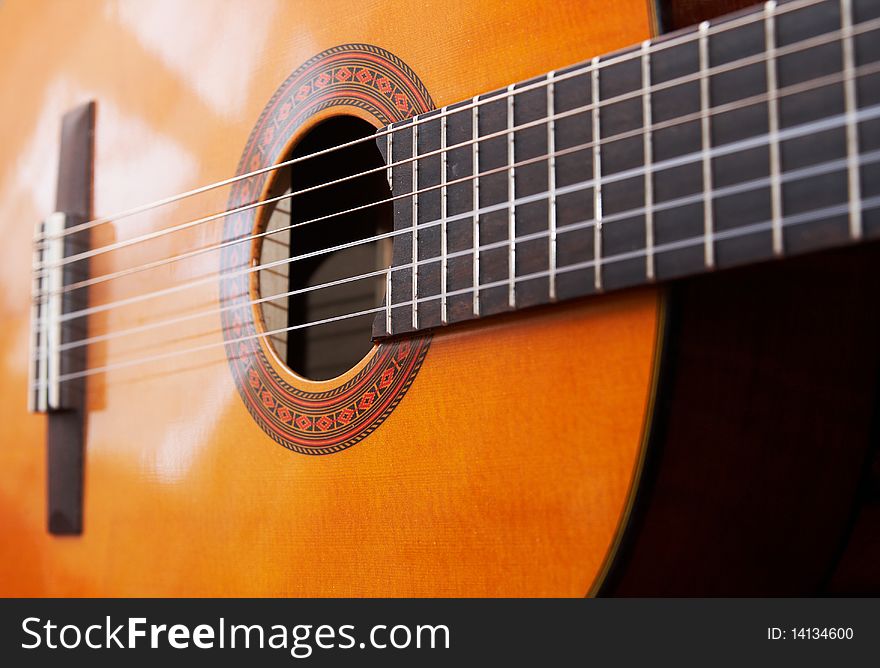 Closeup of classical acoustic guitar
