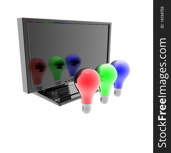 Red, blue and green lightbulbs with monitor