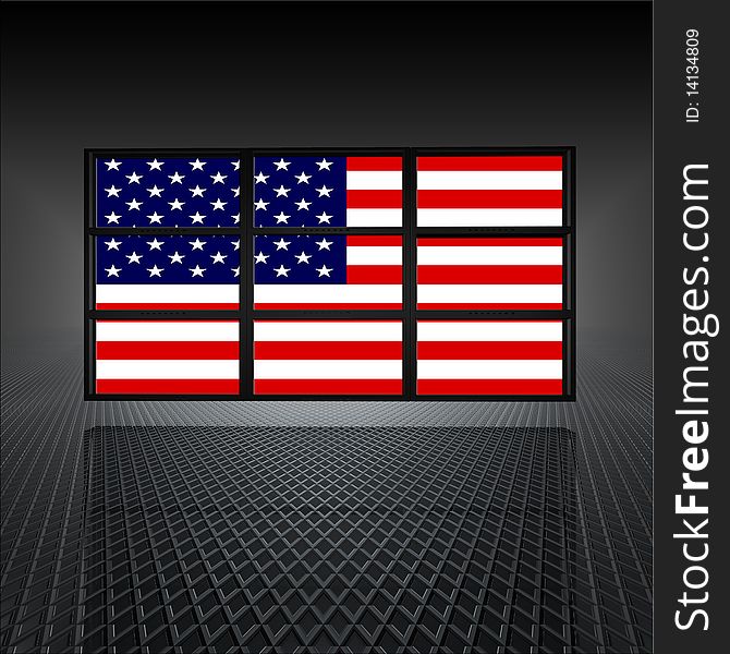 Video wall with us flag on screens