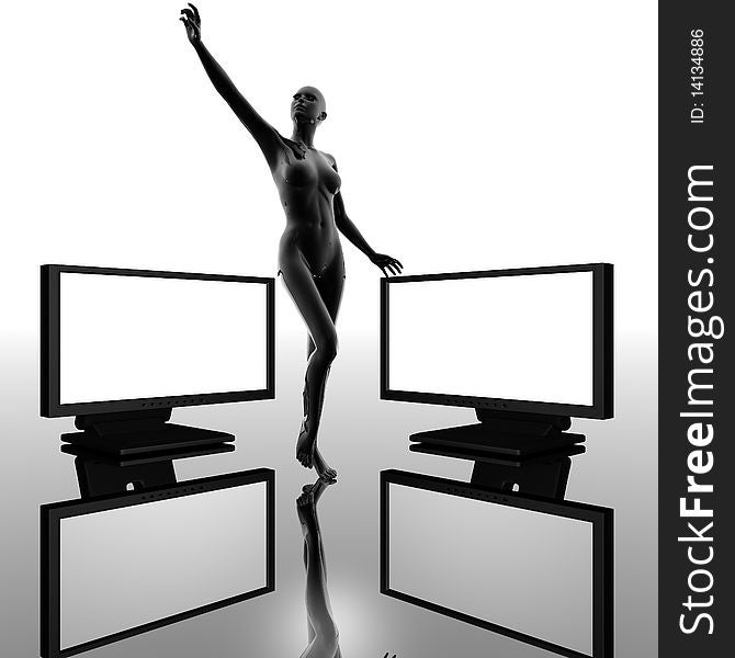 Two computer monitors with woman