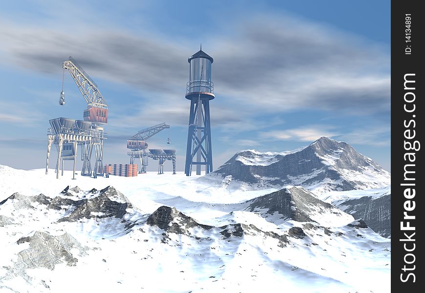 Drilling Platform in winter landscape in 3d