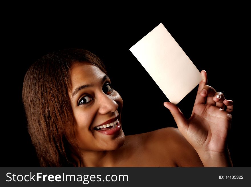 African beauty with white board for your text. African beauty with white board for your text