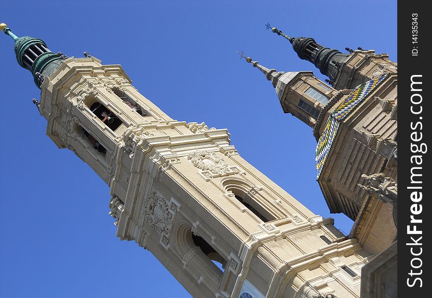 A view of the top of the church of El Pilar situated in Zaragoza, Spain. A view of the top of the church of El Pilar situated in Zaragoza, Spain.