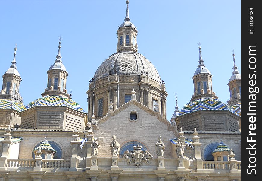 A view of the top of the church of El Pilar situated in Zaragoza, Spain. A view of the top of the church of El Pilar situated in Zaragoza, Spain.