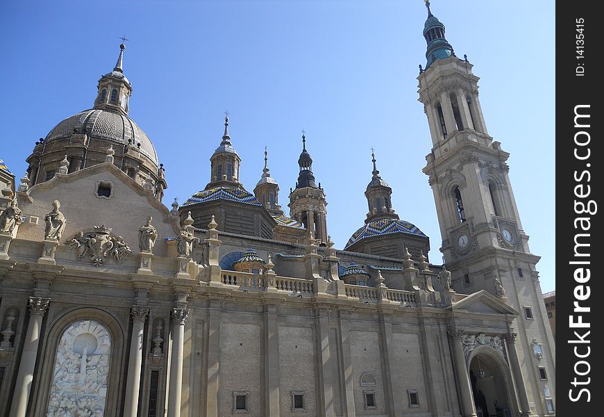 A view of the top of the church of El Pilar situated in Zaragoza, Spain. A view of the top of the church of El Pilar situated in Zaragoza, Spain.