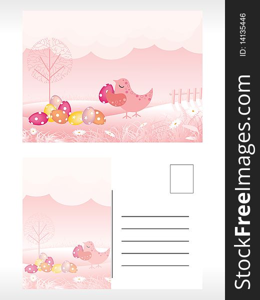 Easter Background With Bird, Egg, Tree