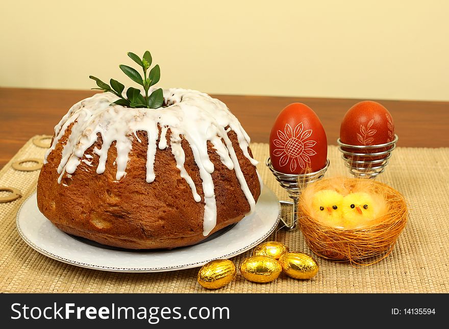 Traditional polish Easter cake with eggs chicks and decoration