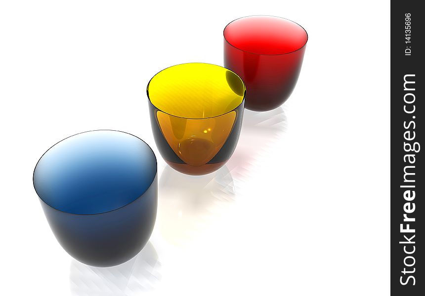 Three beautiful glasses: red, blue and yellow. Three beautiful glasses: red, blue and yellow