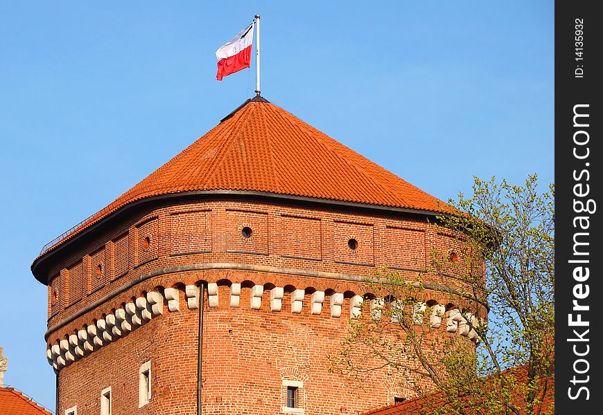 Wawel Royal Castle tower with Polish flag with black mourning band after death of the president. Wawel Royal Castle tower with Polish flag with black mourning band after death of the president