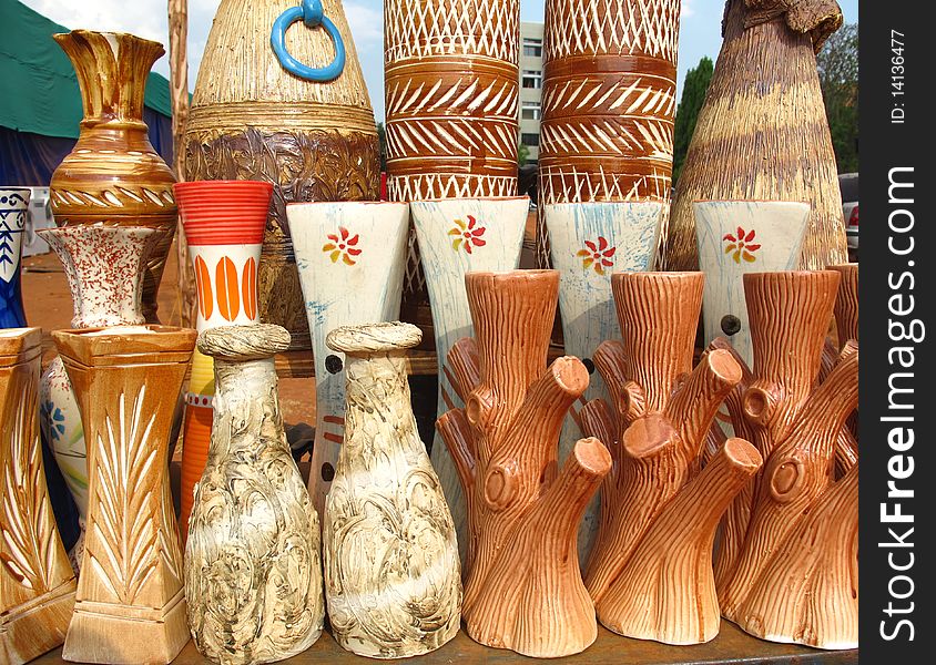 Variety of terracotta vases display at a pottery shop. Variety of terracotta vases display at a pottery shop.
