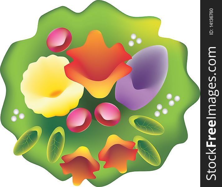 Abstract round flowers illustration with colorful flowers and green leafs.