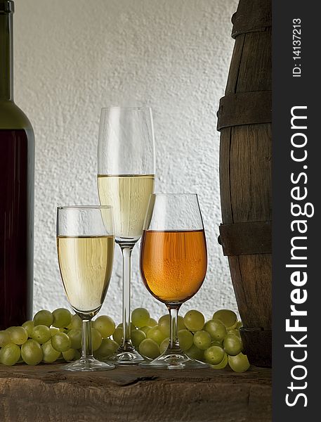 Composition with tree glass of wine and cluster. Composition with tree glass of wine and cluster