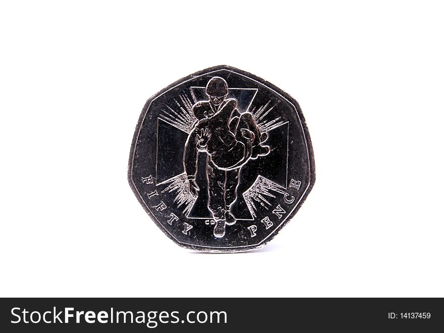 Single english fifty pence piece on white background currency 50p. Single english fifty pence piece on white background currency 50p