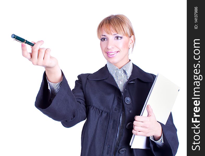 Portrait of business woman holding a folder and pen pointing to something, studio shot