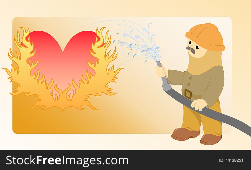 The moustached firefighter pours water from a hose flaming heart