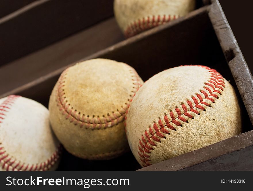 Closeup view of old baseballs in a wooden box