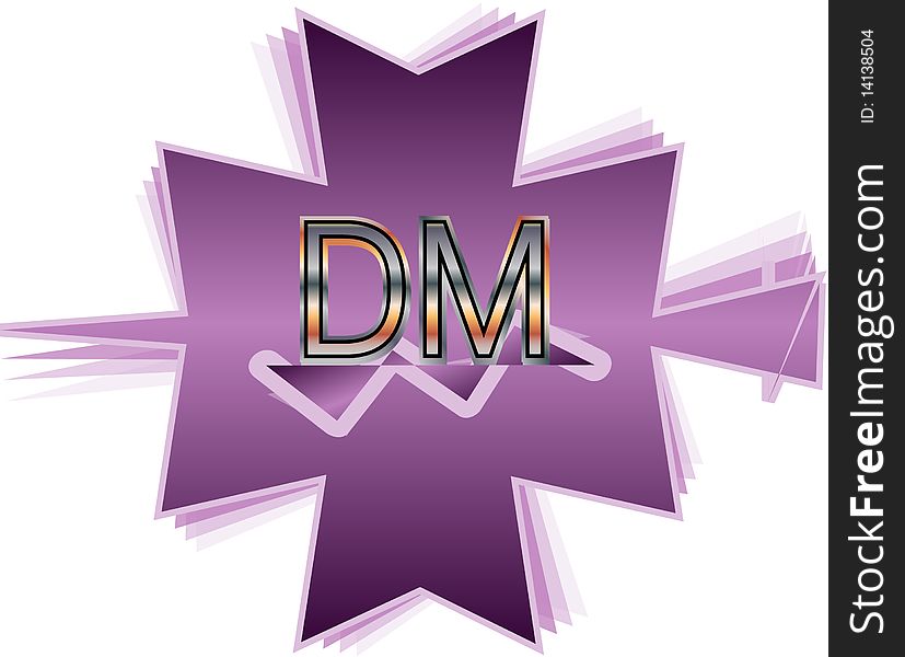 Purple shape with the letters D and M. Purple shape with the letters D and M