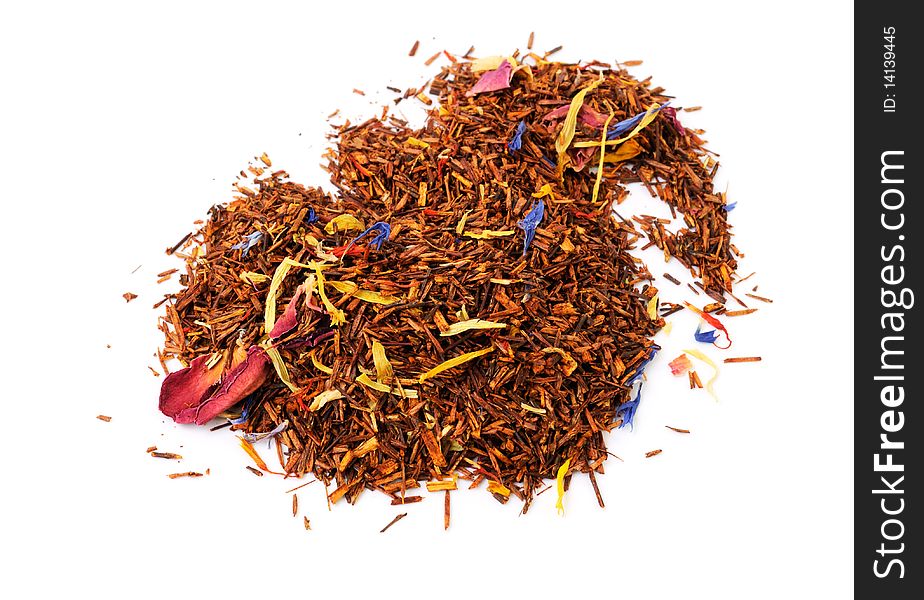 Roibush tea with a flowers mix on white background