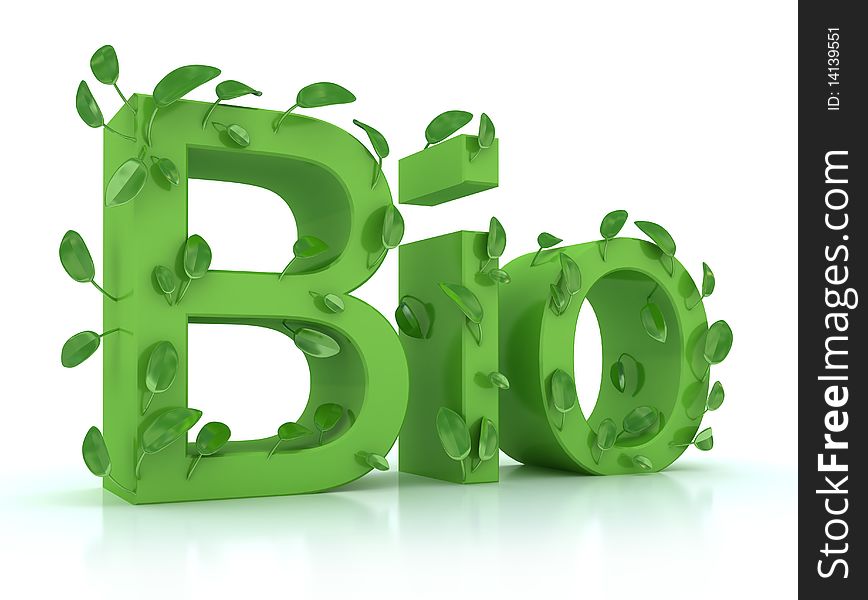 the word bio with leaves on the steams in green