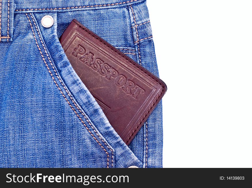 Passport in the blue jeans pocket. Passport in the blue jeans pocket