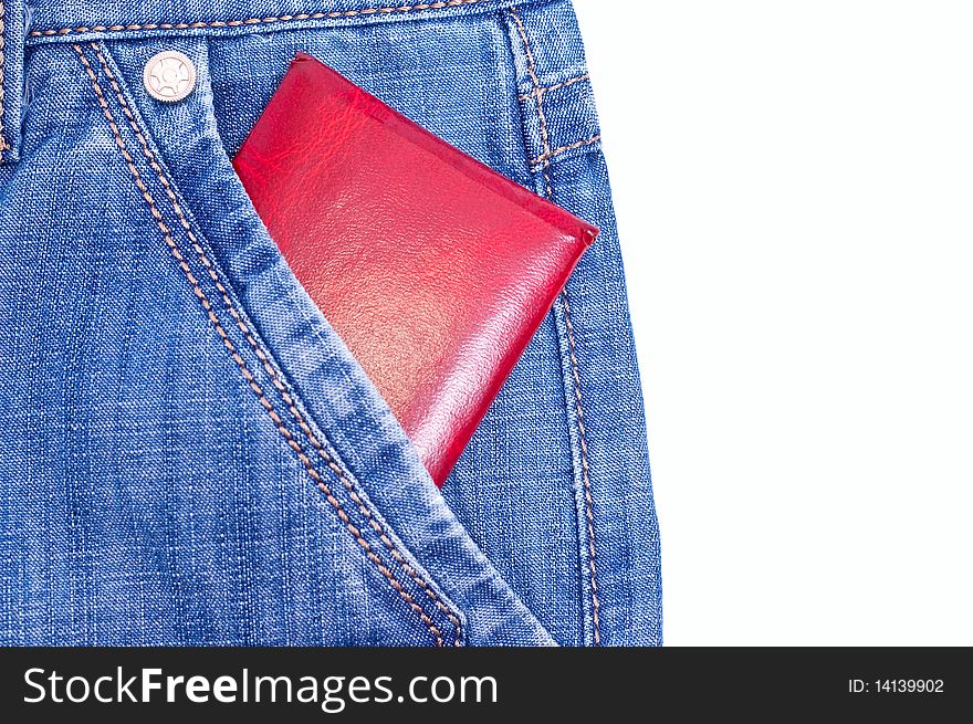 Red documents in jeans pocket. White background. Red documents in jeans pocket. White background