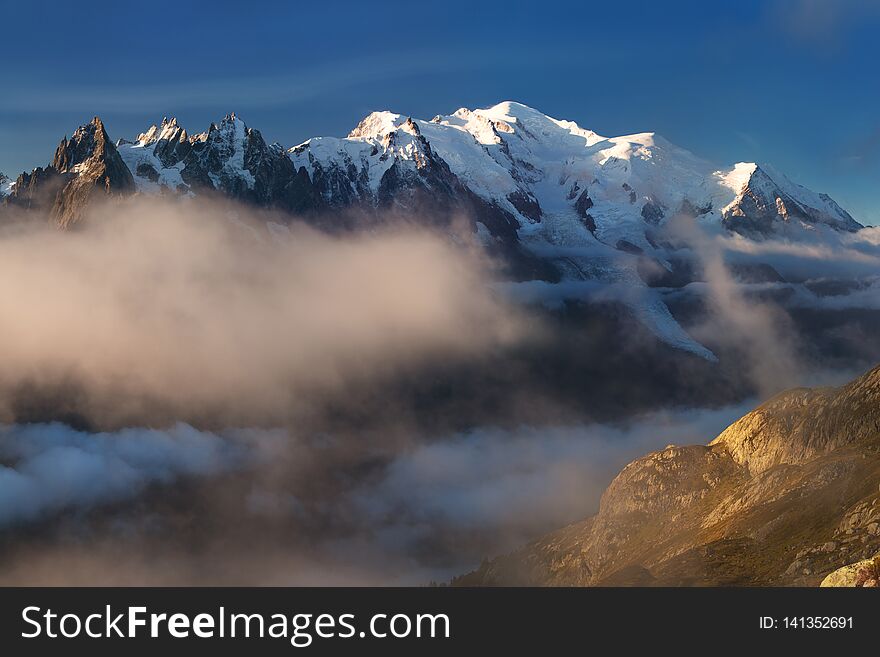 Colorful summer view of the Mont Blanc Monte Bianco on background, Chamonix location. Beautiful outdoor scene in Alps