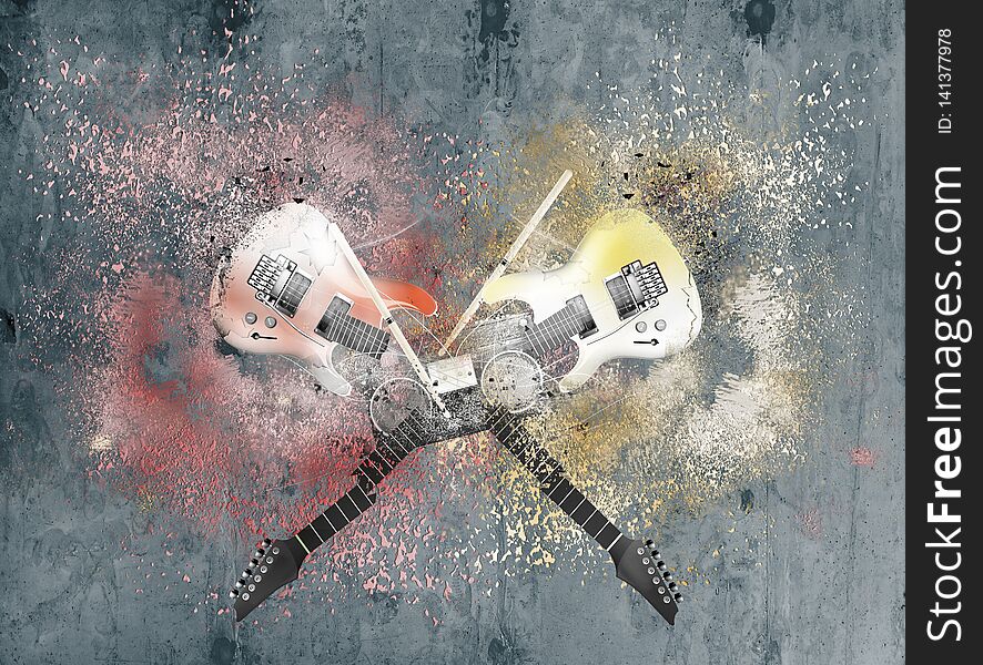 Two broken guitar against concrete wall, rocknrolla and musical concept graffiti