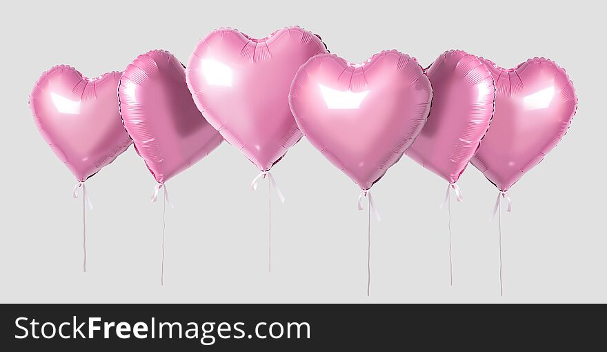 Bunch Of Pink Color Heart Shaped Foil Balloons Isolated On Bright Background. Minimal Love Concept