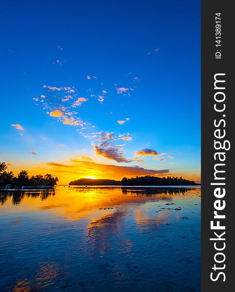 View of the landscape at sunset, Moorea island, French Polynesia. Vertical. Copy space for text.