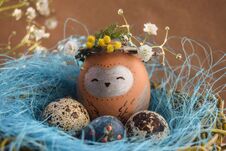 Easter Holiday Concept With Cute Handmade Eggs, Rabbit, Chicks, Owl, Panda And Deer. Creative Eggs For Easter. Royalty Free Stock Photography