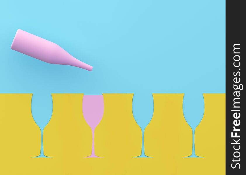 Outstanding Pink Champagne Glass On Blue And Yellow Pastel Background. Party Minimal Concept.