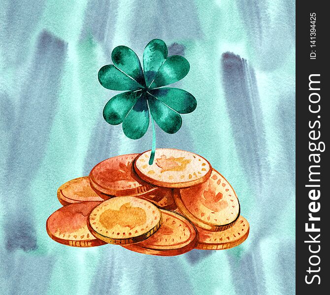 Bunch of gold coins. Watercolor illustration. The way of luck.